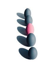 five eggs stand in a row against a white background. One stands out in pink color
