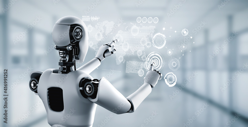Poster ai humanoid robot touching hologram screen shows concept of global communication network using artif