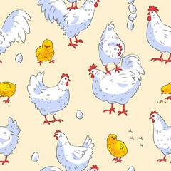 Seamless pattern with hens and roosters Vector illustration