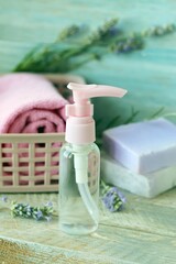 Soap, lavender flowers, spray, aromatic oil for body care, spa, natural cosmetics, healthy lifestyle