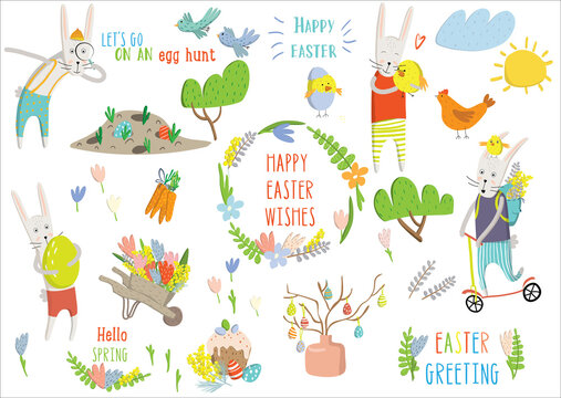 Set Easter cartoon characters and design elements. Easter bunny, chickens, eggs, easter tree, tulips, mimosa. Vector illustration. Perfect for holiday decoration and spring greeting cards, poster