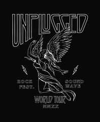 Unplugged rock music festival poster design with dramatic posed angel illustration