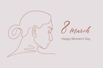 One line female face. Woman portrait. International Women's Day 8 March greeting card. Vector illustration.
