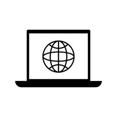 Laptop with web planet icon in black. Notebook and site. Display with internet symbol. Flat style design illustration. Suitable for web design, mobile app, template ui. White background. Vector EPS 10