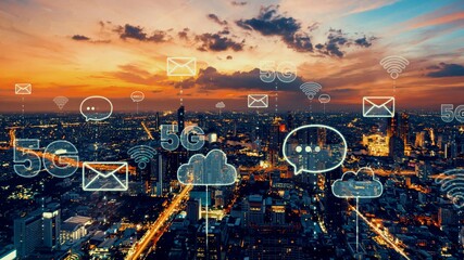 Smart digital city with globalization abstract graphic showing connection network . Concept of future 5G smart wireless digital city and social media networking systems .