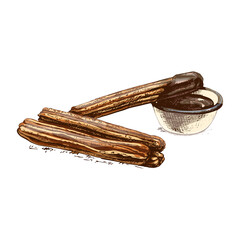 Churros and bowl with hot chocolate. Vector vintage hatching color illustration.