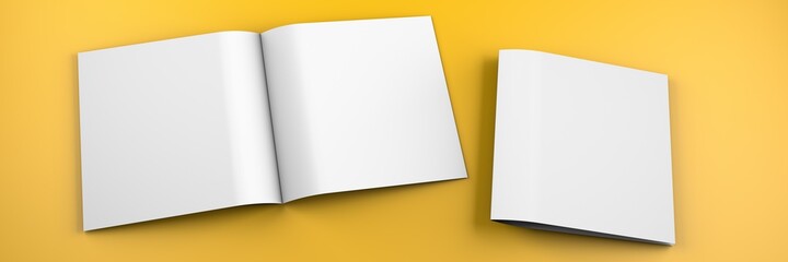 Brochure blank white template for presentation layouts and design. 3d illustration. Yellow background