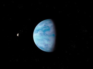Lone exoplanet in space. Far planet with a solid surface and satellite. Beautiful abstract background 3d illustration.