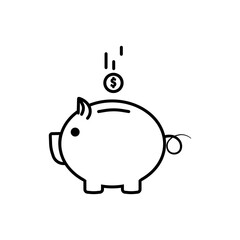 Piggy bank with coin drop down line icon in black. Savings money symbol. Simple design. Outline flat style. Financial literacy concept. Isolated on white background. Vector EPS 10.