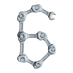 Number 6 made of steel wrenches and bolts isolated on white, 3d rendering