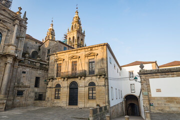 Fototapeta na wymiar traditional architecture at Praza da Inmaculada square (behind the Cathedral) in Santiago de Compostela, province of A Coruna, Galicia, Spain