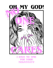 illustration of Teenage girl with wonder looking and OMG! No One Cares slogan design  - obrazy, fototapety, plakaty