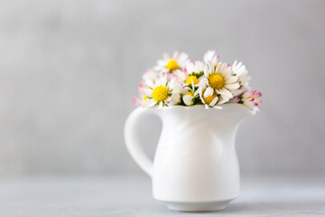 Daisy flowers in a vase on gray background with copy space. minimalist style. Spring holidays concept. Horizontal Banner. Soft focus