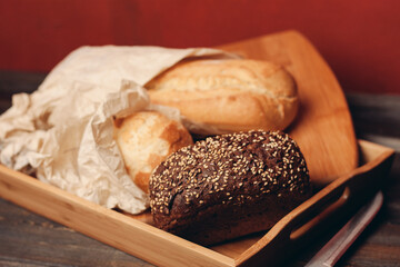 tray with pastry pastries on wooden table 