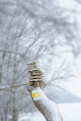 Pile of stones on a dry tree branch. Beautiful frozen snowy Valaste beach at cloudy winter day. Northern Estonia. Selective focus.