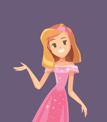 Portrait of a beautiful modern looking fairytale princess in a pink dress and a pink ribbon in her hair. Cute cartoon princess with big eyes standing with a raised hand. Vector illustration.