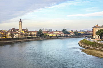 Beautiful panorama of Adige River waterfront in Verona, Italy.