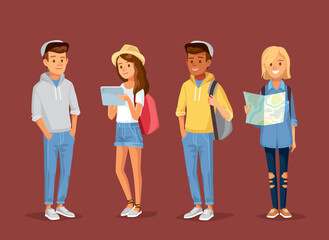 Obraz premium Set of young modern trendy people, university fellow students classmates standing together in different poses. Group collection of male and female cartoon characters. Vector illustration. Flat design.