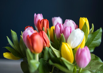 A bouquet of multi-colored tulips in a transparent vase
