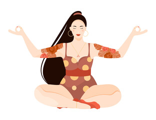 Abdominal Breathing. Young Tattoo Woman dressed in lingerie practice deep breathing. Breath Awareness Yoga Exercise. Vector flat cartoon Illustration.
