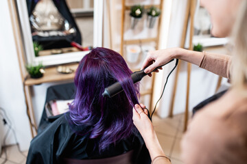 Naklejka premium Beautiful hairstyle of young adult woman with purple hair in hair salon.