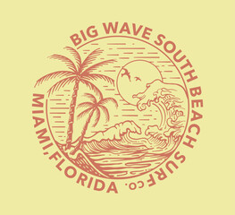 Palms, beach, big waves and sun simple minimal illustration with Big Wave South Beach co. Miami, Florida slogan print design 