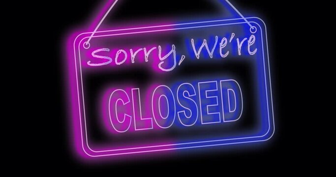 Glowing neon line Sorry We're Closed Neon Sign on a dark Background. 4k animation of a neon open sign blinking for night storefront, restaurant, motel and night business