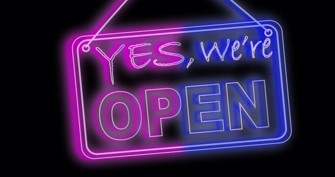 Glowing neon line Yes We're Open Neon Sign on a dark Background. 4k animation of a neon open sign blinking for night storefront, restaurant, motel and night business