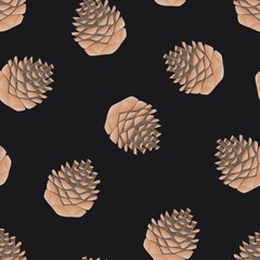 Brown pine cones on a black background seamless pattern. Background with cones for wrapper, wallpaper or fabric design.