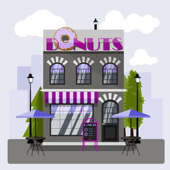 Donuts cafe exterior vector illustration. Flat design of facade. Cafe building concept. Grey and purple two-story restaurant in the European style. Illustration of a city street. A striped awning, a