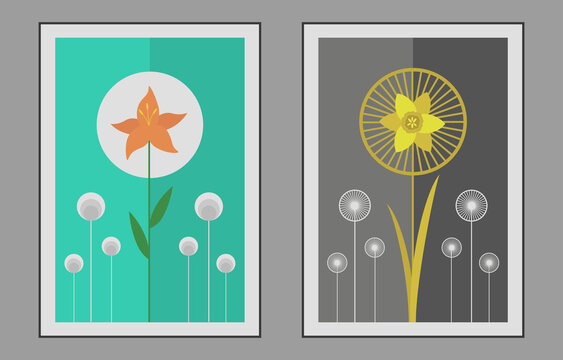 Art prints, flowers design with lily and narcissus for wall decoration, poster, placard, brochure cover. Art pattern. Vintage, retro scandinavian style. Floral background, backdrop, banners. Modern.