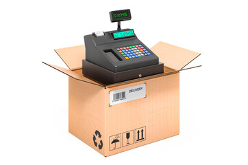 Cash register inside cardboard box, delivery concept. 3D rendering