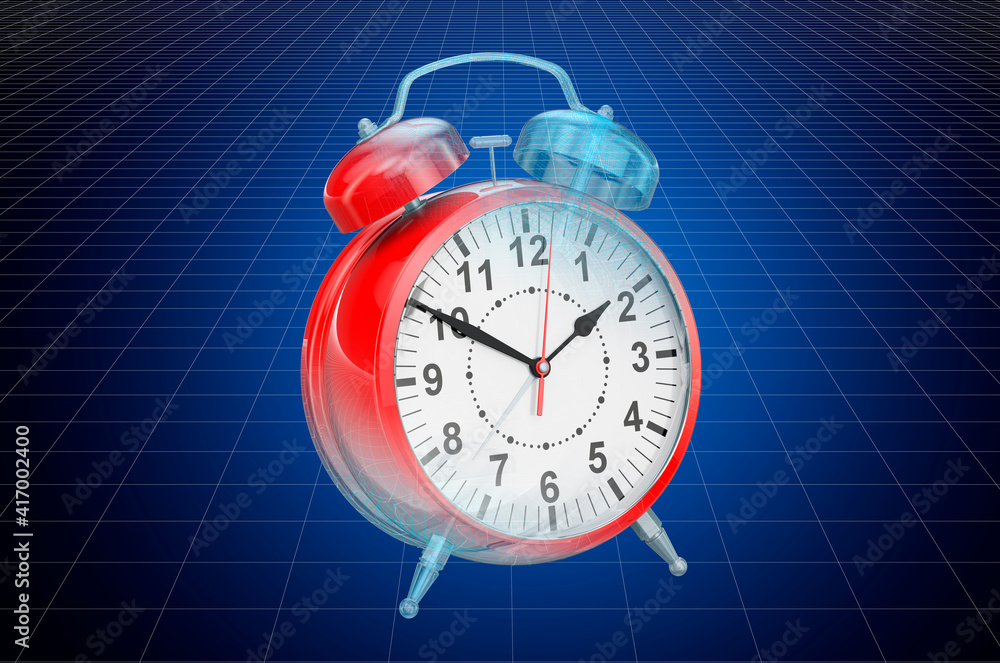 Poster visualization 3d cad model of alarm clock, blueprint. 3d rendering