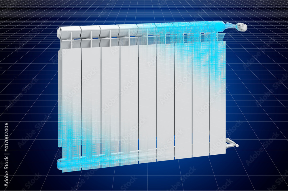 Poster visualization 3d cad model of heating radiator, blueprint. 3d rendering