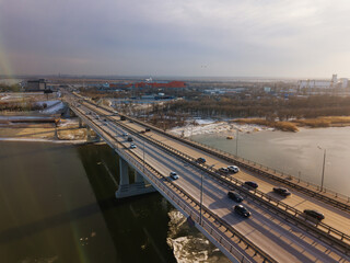 Fototapeta na wymiar Voroshilovsky bridge in Rostov-on-Don, aerial drone view