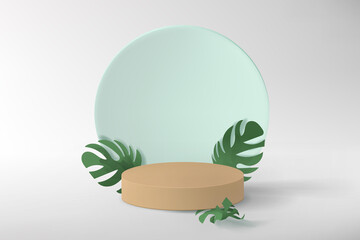 Abstract minimalistic background with geometric shapes, empty pedestal for product display, decorated with monstera leaves. Realistic illustration in pastel colors.