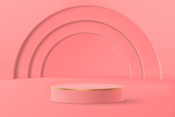 Abstract minimalistic scene with geometric shapes. Empty cylindrical podium for product showcase in pink tones with arches in the background.