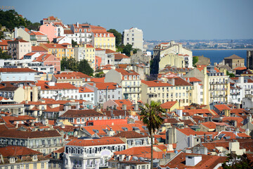 Fototapeta na wymiar Alfama district and Tagus River, from Miradouro de Sao Pedro de Alcantara in city of Lisbon, Portugal.