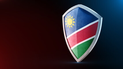 Steel armor painted as Namibia flag. Protection shield and safeguard concept. Safety badge. Security label and Defense sign. Force and strong symbol.