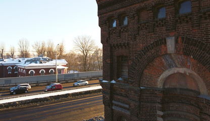 Old medieval architecture of a brick tower. 26 February 2021. Minsk, Belarus