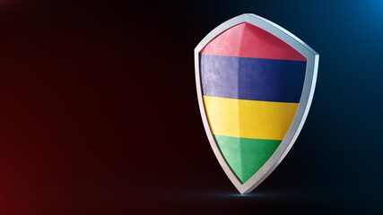Steel armor painted as Mauritius flag. Protection shield and safeguard concept. Safety badge. Security label and Defense sign. Force and strong symbol.