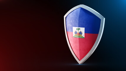 Steel armor painted as Haiti flag. Protection shield and safeguard concept. Safety badge. Security label and Defense sign. Force and strong symbol.