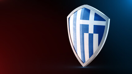 Steel armor painted as Greece flag. Protection shield and safeguard concept. Safety badge. Security label and Defense sign. Force and strong symbol.