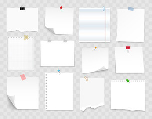 Note paper with pin, binder clip, push pin, adhesive tape and tack. Blank sheet, sticky note, torn piece of paper and notebook page. Templates for a note message. Vector illustration.