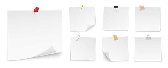 Set of sticky notes paper with push pin, adhesive tape, binder clip. Blank paper sheets for note. Front view. Templates for your message. Vector illustration.