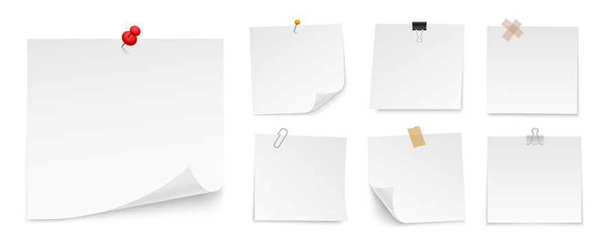 Set of sticky notes paper with push pin, adhesive tape, binder clip. Blank paper sheets for note. Front view. Templates for your message. Vector illustration.