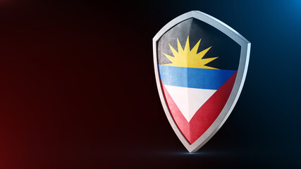 Fototapeta premium Steel armor painted as Antigua and Barbuda flag. Protection shield and safeguard concept. Safety badge. Security label and Defense sign. Force and strong symbol.