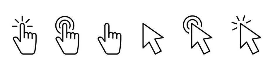 Hand pointer icons. Pointer click. Cursor arrow icon. Clicking finger. Computer mouse click. Vector illustration.