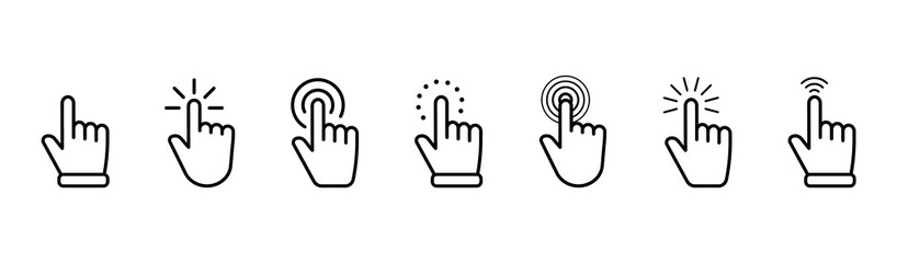 Hand pointer icons. Pointer click. Cursor icon. Clicking finger. Computer mouse click. Vector illustration.