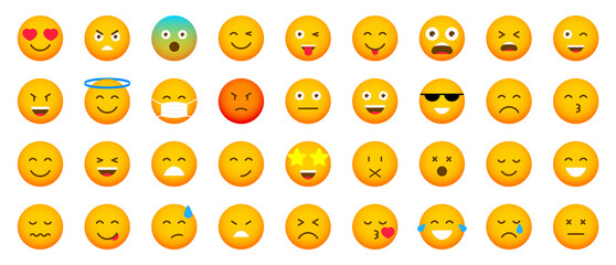 Big set of cartoon emoticons. Collection emoji icons. Social media emoticon smile. Yellow faces expressing emotion. Vector illustration.
